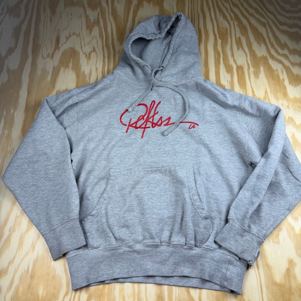 Young & Reckless Mens Heather Gray Red Script Logo Hoodie Sweatshirt Distressed